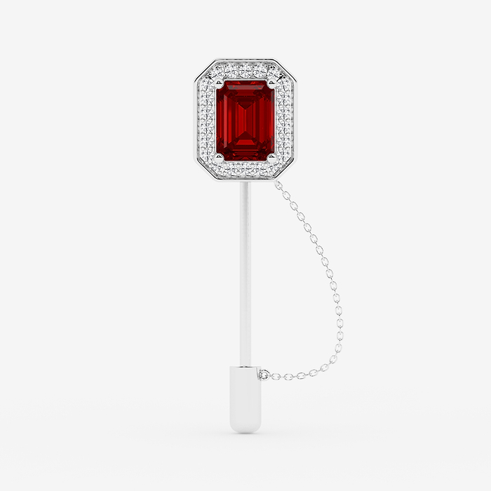 Emerald Cut Ruby with Diamond Halo Lapel Pin 